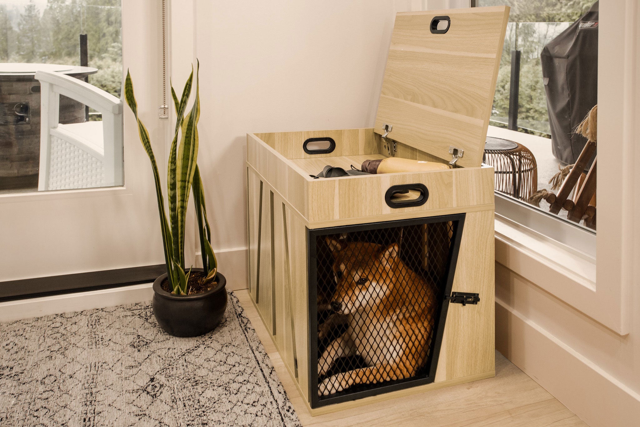 Lucky Kennels Penny Pet Crate, Modern Dog Crate, Designer Cat Crate, Geometric Wooden Pet Crate, Cozy Pet House with Side Table, Storage Compartment for Leashes, Treats, Beds