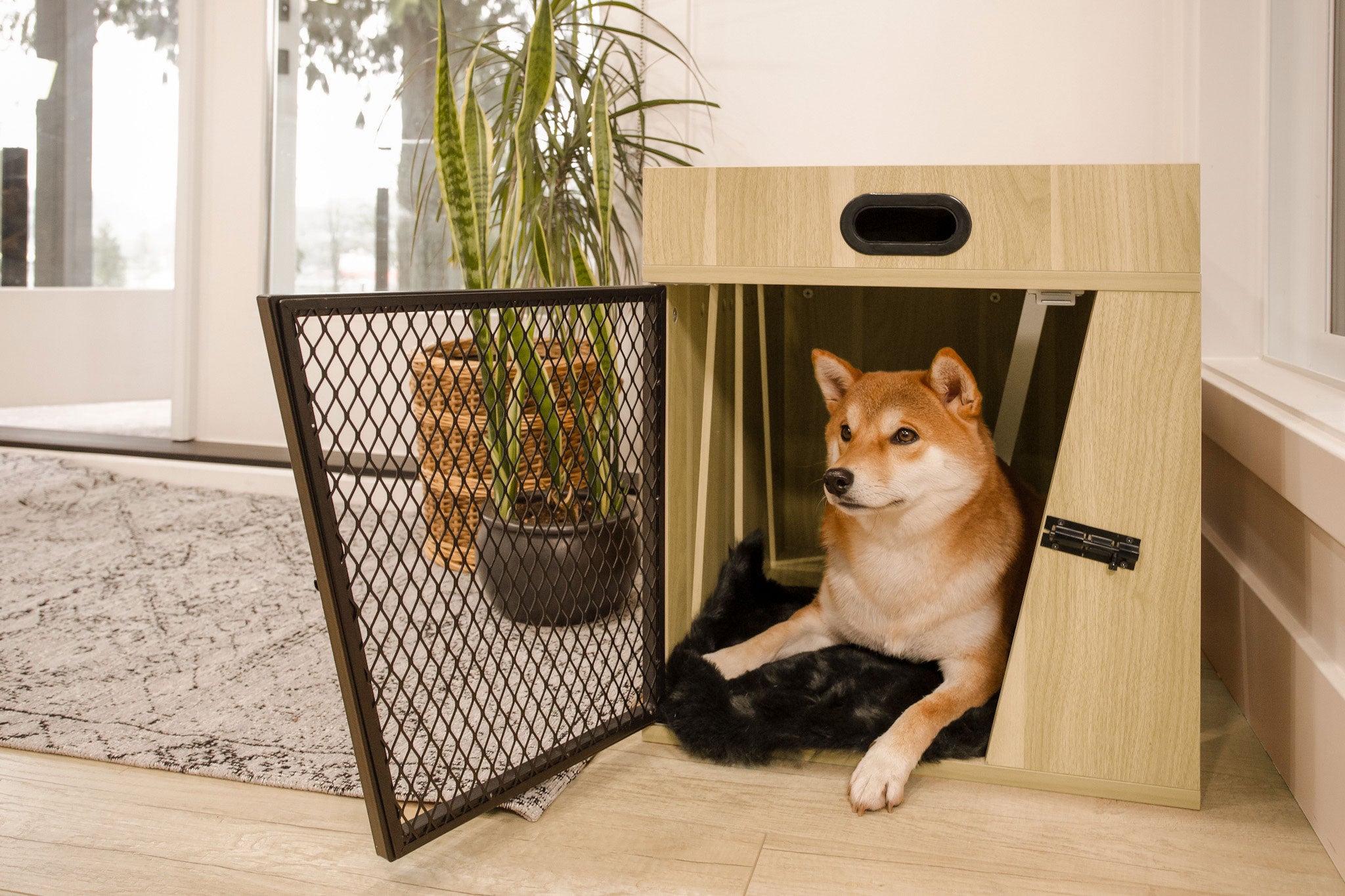 Lucky Kennels Penny Pet Crate, Modern Dog Crate, Designer Cat Crate, Geometric Wooden Pet Crate, Cozy Pet House with Side Table, Storage Compartment for Leashes, Treats, Beds