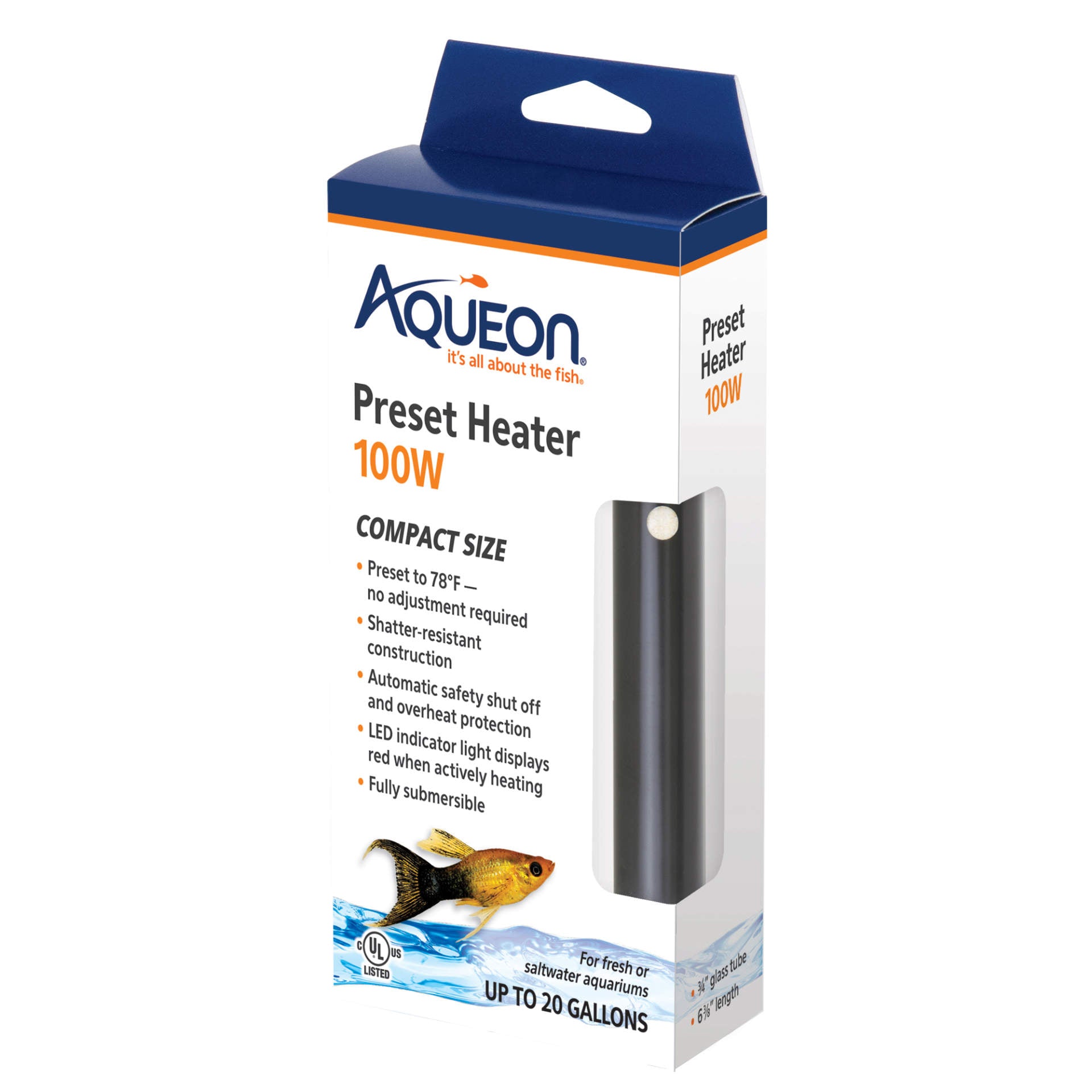 Aqueon Preset Fish Tank Heater 100 watts Black 3.5″ x 1.5″ x 7.75″