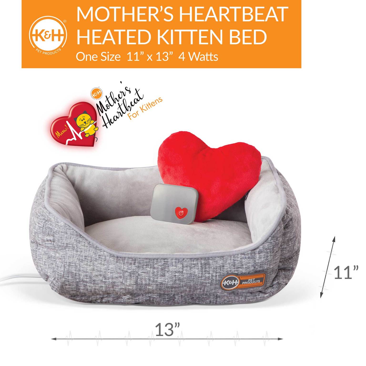 K&H Pet Products Mother’s Heartbeat Heated Kitty Pet Bed with Heart Pillow Gray 13″ x 11″ x 5.5″ – KH5613