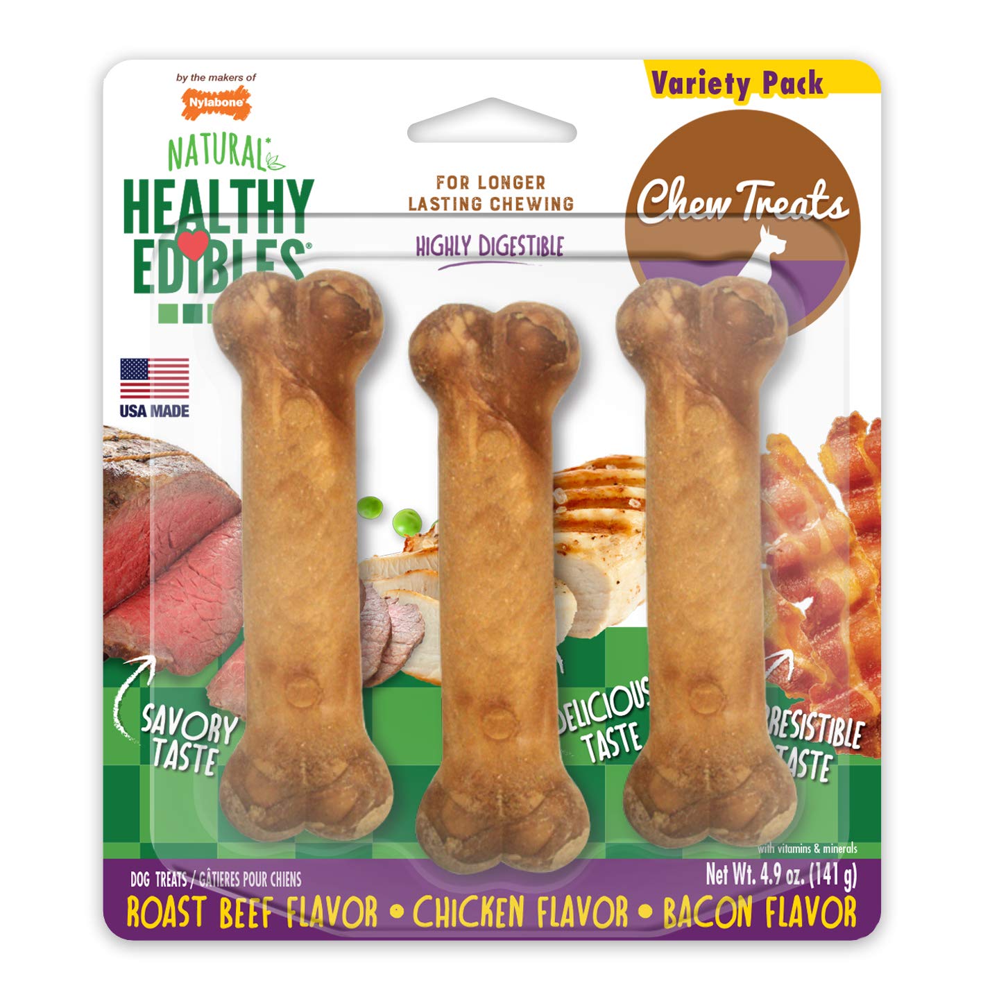 Nylabone Healthy Edibles Longer Lasting Roast Beef, Chicken and Bacon Treats